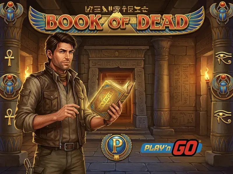book of dead slot aloitusnäyttö Rich Wilde -hahmolla ja Play'n GO -logolla